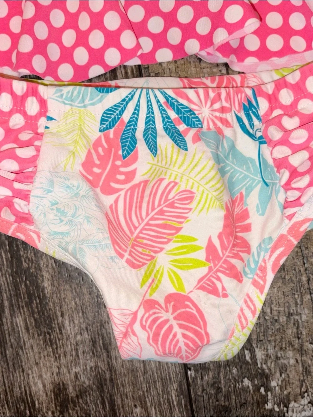 Girls Pink Tropical One-Piece Swim with Polka Dot Skirt